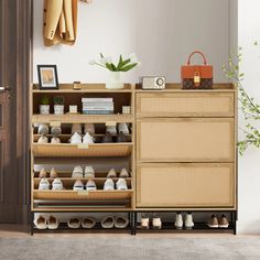 an open shoe rack with shoes on it in front of a wooden door and white walls