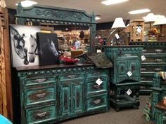 Laquinta Turquoise Dresser Painting Mexican Pine Furniture Rustic, Two Toned Distressed Furniture, Turquoise Furniture Distressed, Turquoise Fireplace Mantel, Cabin Painted Furniture, Navajo Painted Furniture, Turquoise Hombre Painted Furniture, Western Painted Furniture Dressers, Rustic Painted Dressers