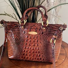 Beautiful Classic Brahmin Melbourne Pecan Arno Tote Satchel Crossbody Bag Croc Embossed Leather, Gold Hardware, Bottom Feet, Adjustable Strap Top Zipper Closure, Front Slip Pocket Signature Lining, Multiple Interior Pockets Great Condition, Perfect Size Brahmin Bags, Croc Leather, Satchel Tote, Pretty Bags, Strap Top, Strap Tops, Vintage Shoes, Leather Top, Womens Tote Bags