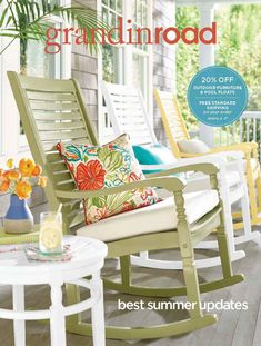 a porch with rocking chairs and pillows on the cover of an outdoor living room magazine