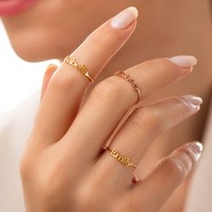 "♥Stacking Name Ring ♥ * Material: High Quality Solid 925 Sterling Silver * Finish: Sterling Silver ∙ 18K Gold ∙ Rose Gold * All our jewelry is made by hand with Love STERLING SILVER 925 ♥ We use real Sterling Silver 925 ♥ ♥ How to customize Order? ♥ 1) Select Color 2) Select Chain length 3) Click \"Add to Cart\" 3) Will need work name or letters write to the text box (like: Alis ♥ Laura -S♥G ) 4) Checkout 5) Complete order ♥ Shipping & Package ♥ * Your order will be shipped within 3 days (on bu Ring With Name, Stackable Name Rings, Personalized Gold Jewelry, Word Ring, Ring Initial, Name Necklace Silver, Family Rings, Mom Ring, Name Ring