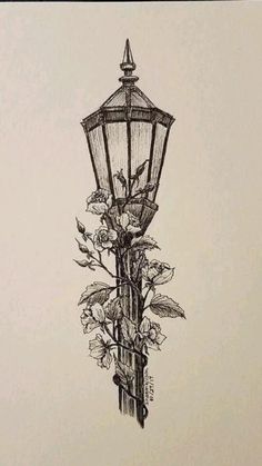 a drawing of a street light with flowers on it