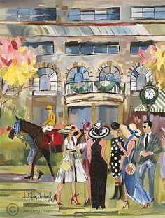 a painting of people standing in front of a building with horses and jockeys on the street