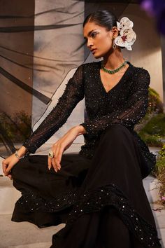 Black kurta with sequin, cutdana, bead, 3D leaf embroidery. Paired with double layered sharara and chitta work dupatta. - Aza Fashions Layered Sharara, Kurta And Dupatta, Black Kurta, Sequin Embroidery, Sharara Set, Sequins Embroidery, Set For Women, Aza Fashion, Full Sleeve