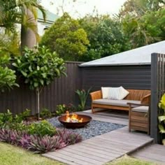 a small backyard with a fire pit and seating area