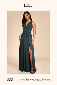 a woman in a long green dress with the words shop the wedding collection on it