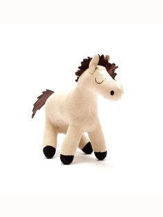 a stuffed toy horse is shown on a white background with black feet and brown manes