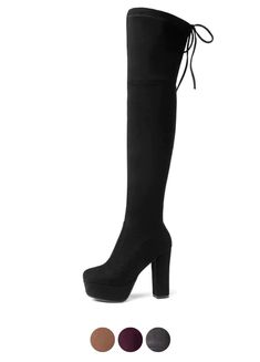 Introducing the Fabiana Women's Platform Over the Knee Boots by USS Shoes, designed for comfort and style. These boots feature a square heel and faux suede upper for an elegant look. The stretch and spandex lining provide a perfect fit while the rubber outsole ensures durability. Perfect for any season, these boots are a must-have for any office lady. Trendy Suede Knee-high Boots With High Heel, Fitted Platform Winter Boots, Winter Fitted Platform Boots, Fitted Winter Platform Boots, Fitted Platform Knee-high Boots For Fall, Fitted Knee-high Synthetic Heeled Boots, Fitted Synthetic Platform Boots For Fall, Winter Knee-high Boots With Platform And Square Toe, Trendy Tall Suede Boots