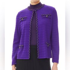 Ming Wang Nwt Purple Plus Size Braided Chain Trim Textured Knit Jacket Condition: Nwt Size: 2xl Brand: Ming Wang Elegant Knit Outerwear, Elegant Knit Outerwear For Work, Elegant Textured Knit Long Sleeve Outerwear, Elegant Long Sleeve Textured Knit Outerwear, Elegant Textured Knit Cardigan For Work, Elegant Textured Knit Outerwear For Work, Fitted Textured Knit Elegant Outerwear, Elegant Fitted Textured Knit Outerwear, Poncho Tops