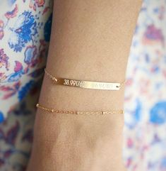 Coordinate Bracelet Gold | Longitude Latitude Bracelet | Personalized Bar Bracelet | Gold, Rose Gold Engraved Rose Gold Bracelets For Everyday, Everyday Engraved Rose Gold Bracelets, Elegant Rose Gold Bracelets As Best Friend Gift, Elegant Rose Gold Bracelet For Best Friend Gift, Minimalist 14k Rose Gold Filled Bracelets, Minimalist Rose Gold Name Bracelet For Everyday, Minimalist Rose Gold Bracelet For Anniversary, Simple Rose Gold Hypoallergenic Bracelets, Simple Rose Gold Hypoallergenic Bracelet