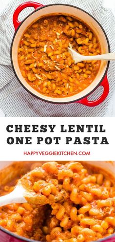 a red pot filled with cheesy lentil one pot pasta