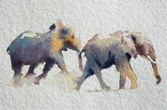 three elephants walking side by side in watercolor on white paper with blue and yellow colors