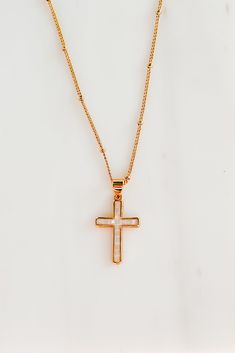 Color: White, Gold 24K Gold Plated Opalescent Pearl Cross Beaded Chain 17" Length 2" Extender Launched: 6/2/24 Adjustable White Chain Necklace Gift, Elegant White Cross Necklace With Pearl Chain, White Cross Pendant Necklace With Clavicle Chain, White Cross Necklace With Clavicle Chain, Adjustable White Delicate Chain Necklace, Adjustable White Clavicle Chain Necklace, White Adjustable Clavicle Chain Necklace, White Clavicle Chain Cross Jewelry, White Cross Chain Jewelry