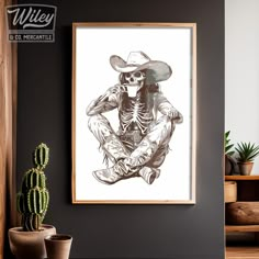 a black and white drawing of a skeleton in a cowboy hat sitting on the floor