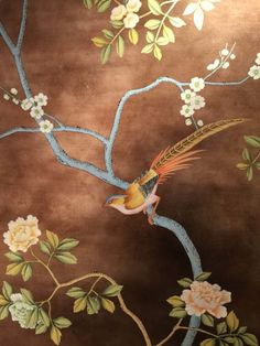 a painting of a bird sitting on a tree branch