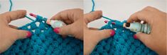 two hands crocheting the ends of a blue knitted sweater with yarn and buttons