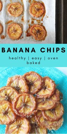 banana chips sitting on top of a blue plate next to a pan filled with sliced bananas