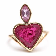 I found a large lovely 5ct faceted hot pink tourmaline heart and had a custom 14k yellow gold bezel-setting made for it with a pink topaz accent. It turned out pretty cute! Ring face measures 20.5mm x 13.3mm. Ring size 6, but fits like a five because the stone had a deep belly. Sizing available Layaway available via TotemKitten.com Pink Heart Cut Ruby Ring For Valentine's Day, Pink Ruby Ring For Valentine's Day, Pink Heart Cut Ruby Ring For Gift, Pink Heart-shaped Gemstone Ring, Valentine's Day Pink Ruby Ring, 3mm Ring, Flaming Heart, Watch Cufflinks, Moissanite Ring Set