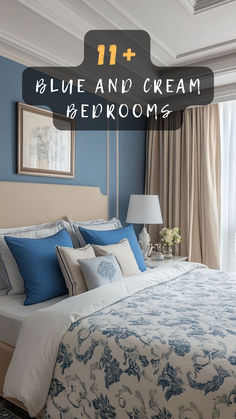 a bedroom with blue and cream decor on the walls