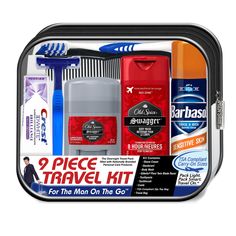 an open travel kit with various grooming products in it, including toothbrushes and shampoos