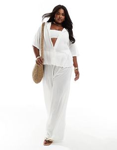 ASOS DESIGN Curve crinkle wide leg beach pants in white - part of a set | ASOS Two-piece Wide Leg Bottoms For Vacation, White Two-piece Bottoms For Summer, Vacation Two-piece Wide Leg Bottoms, White Summer Pants For Beach Cover-up, White Pants For Beach Cover-up In Spring, White Summer Pants For Beach, Casual Two-piece Pants For Vacation, White Vacation Sets With Long Pants, White Summer Beach Cover-up Pants