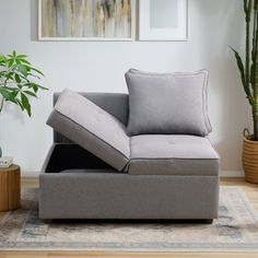 a grey couch sitting on top of a wooden floor next to a potted plant