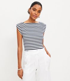 Sneak Preview | Loft Striped Boatneck Shirt Outfit, Casual Boat Neck Top With Relaxed Fit, Casual Boat Neck Knit Top For Spring, White Stretch Boat Neck Top, White Boat Neck Tops For Summer, Casual Boat Neck Tops For Summer, Casual Summer Tops With Boat Neck, Chic White Boat Neck Top, Chic Relaxed Fit Boat Neck Top