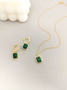 Earrings & Necklace-Malachite Jewelry Set | 925 Sterling Silver Natural Malachite 18K Gold Plated Fashion Gemstone Pendant Necklace - Size: chain length about 42cm + extension chain 3cm, pendant height about 13mm waterproof, hypoallergenic, nickel-free, and great for people with sensitive skin 🎁All of our items are nicely packaged and ready to gift in jewelry boxes. ♥ Write greeting cards for free, please leave a message 🚗Please allow 1-3 business days before the item ships out with TRACKING， and shipping time is 5~12 business days. Thank you so much for your understanding。 I N S I D E ∙ S C O O P IG: @ lapetite_gallery K E Y ∙ W O R D S gift for her, high quality, natural malachite, bridesmaid gift, wedding gift, handmade jewelry, green stone ring, malachite jewelry, malachite earring, Green Gold Plated Jewelry Set As A Gift, Green Gold Plated Jewelry Set For Gift, Green Gold-plated Jewelry Set For Gift, Gold Emerald Jewelry With Natural Stones, Gold Malachite Jewelry For May Birthstone, Elegant Gold Malachite Earrings, Gold Malachite Gemstone Jewelry, Elegant Gold Malachite Jewelry, Gold Emerald Jewelry