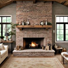 a living room with a fire place and couches