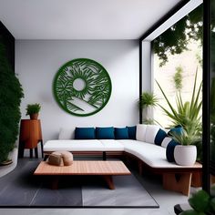 a living room filled with lots of furniture next to a large green circle logo on the wall