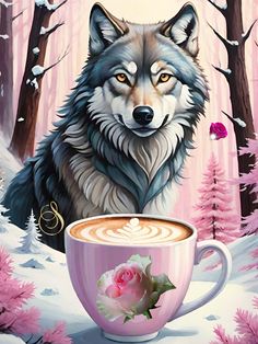 a painting of a wolf sitting next to a cup of coffee with pink flowers on it