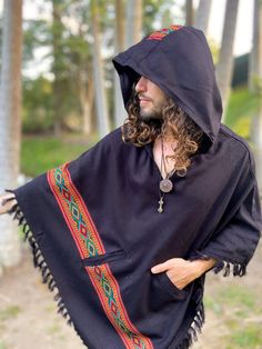 Meet Our Handmade High-Quality Cashmere Yak Wool Poncho . . . Featuring beautiful tribal embroidery . . . it has a large hood and two pockets . . . One size fits all . . . ~~~~~~~~~~~~~~~~~~~~~~~~~~~~~~~~~~~~~~~~~~~~~ Measurements: From neck to tip 88cm (35 inches) Hood size 37cm (15 inches) ~~~~~~~~~~~~~~~~~~~~~~~~~~~~~~~~~~~~~~~~~~~~~ Mens Kimono Jacket, Ritual Clothing, Poncho With Hood, Mens Poncho, Ceremonial Clothing, Male Kimono, Viking Clothing, Hemp Clothing, Festival Pants