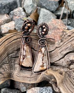 These exquisite Indonesian Petrified Wood Earrings blend ancient natural beauty with contemporary design. Crafted with petrified wood from Indonesia and framed in copper, these earrings offer a unique and stylish touch to your jewelry collection. Designed with hypoallergenic ear wires, they are perfect for those with sensitive skin. Unique Hypoallergenic Plug Earrings For Gift, Nature-inspired Adjustable Hypoallergenic Jewelry, Unique Hypoallergenic Hoop Earrings As Gift, Unique Hypoallergenic Hoop Earrings For Gift, Unique Brown Hoop Earrings For Gift, Copper Wire Dangle Earrings As Gift, Copper Wire Wrap Drop Earrings As Gift, Brown Wire Wrapped Dangle Earrings, Copper Wire Drop Earrings With Matching Set