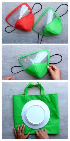 three pictures showing how to make an origami bag with plastic bags and plates