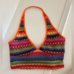 Shein Cropped Halter Top Orange Multi Colored. Never Worn. Fitted Multicolor V-neck Halter Top, Casual Multicolor Triangle Crop Top, Casual Multicolor Halter Top For Festival, Multicolor Triangle Crop Top For Vacation, Casual Multicolor Triangle Halter Top, Multicolor V-neck Halter Top For Summer, Multicolor V-neck Halter Top For Vacation, Multicolor V-neck Crop Top For Vacation, Casual Multicolor Cropped Halter Top