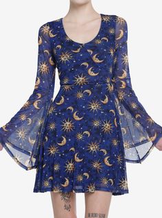 Elevate your look to cosmic levels with this witchy piece! This dress features a mesh layer with an allover sun and moon print. Comes with mesh bell sleeves and side seam pockets.96% polyester; 4% spandexWash cold; dry lowLength: 35''ImportedListed in junior sizes Whimsigoth Fashion, Cosmic Aura, Celestial Dress, Sun And Moon Print, Whimsical Witch, Hot Topic Dresses, Moon Dress, Plus Size Fits, Moon Print