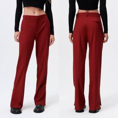 Zara Straight Leg Menswear Pants Burgundy Red - Small Brand New - With Tags !! Runs A Bit Large ( See Measurements Below ) High-Waisted Pants With Straight Leg. Vented Hems / Slits. Side Hand Pockets + Rear Welt Pockets. Belt Loops 63% Polyester 31% Viscose 6% Elastane Approximate Measurements: 14.5" Across Waist 11" Rise 18.5" Across Hips 32" Inseam S- Ee Fitted Burgundy Bottoms With Pockets, Burgundy Workwear Bottoms With Pockets, Fitted Wide Leg Burgundy Pants, Fitted High-waisted Burgundy Pants, Burgundy Fitted Wide Leg Pants, Burgundy Fitted Straight Pants, Red Straight Pants With Pockets, Classic Fitted Burgundy Bottoms, Burgundy Full-length Bottoms For Workwear