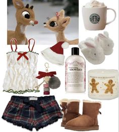 a collage of christmas items including boots, mugs and other things to make it look like they are in the snow