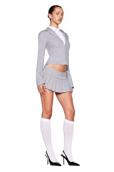 CLAUDETTE JACKET - GREY : PLAID | I.AM.GIA Blazer And Mini Skirt Outfits, Blazer With Mini Skirt, Plaid Mini Skirt Outfit, Blazer With Lace, Clueless Costume, Club Attire, School Uniform Fashion, Festival Jacket, Grey Skirt