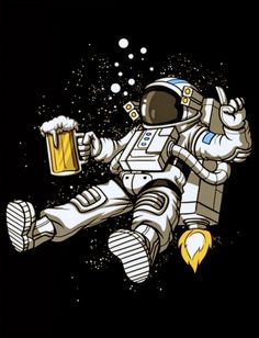 an astronaut floating in the air with a mug of beer next to his feet and legs