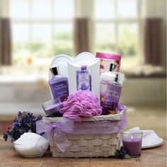 Spoil yourself with our elegant Spa gift basket set of luxurious and pampering bath and body products in an upscale white lattice basket. Her skin feels instantly soothed, pampered and hydrated with our luxurious bath items. Relaxing and rejuvenating Lavender essential oils uplifts the mind, promote overall well-being. The delicate floral aroma takes you away to the French countryside of lush lavender fields to soothe mind, body and spirit. We use all full size 8 oz. bath products and each and every gift is hand packed and created by talented gift baskets artisans. Our gifts are not mass produced and put together by machines nor are they run through shrink wrap machines. All of our gifts are hand crafted, hand wrapped and finished with hand tied bow for a truly one of a kind experience. In Spa Basket, Lavender Lotion, Lavender Spa, Lavender Gifts, Gift Baskets For Women, Wine Gift Baskets, Spa Gift Basket, Bath Gel, Spa Gift