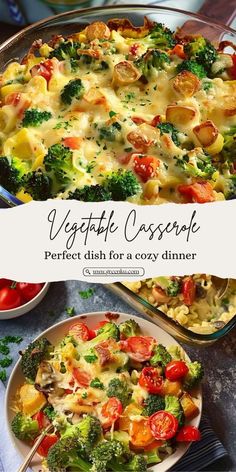 a casserole dish with broccoli, tomatoes and cheese in it on a plate