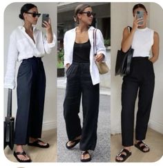 Black Trouser Summer Outfit, Work Trip Outfits Summer, Business Casual Warm Weather, Black Linen Pants Outfit, Casual Fashion Women, Black And White Outfits, Style Uniform, Street Style Outfits Casual, Minimal Chic Style