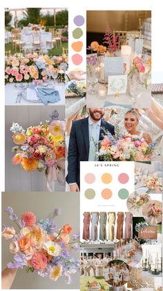 a collage of photos with flowers, candles and other things in the background that are color swatches