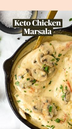 an easy keto chicken marsala recipe in a cast iron skillet