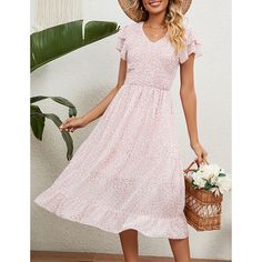 Pink V Neck Pleated Chiffon Floral Dress Spring Bohemian Chiffon Midi Dress, Flowy Casual Chiffon Dress For Spring, Flowy Chiffon Dress For Spring, Spring Chiffon Beach Dress, Spring Chiffon Brunch Dress, Spring Flowy Chiffon Dress, Casual Pink Knee-length Chiffon Dress, Flowy Chiffon Spring Dress, Casual Chiffon Dress For Spring