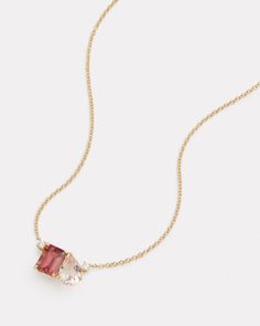 18K Yellow Gold Pink Tourmaline Emerald Cut and Morganite Pear Shape Pendant Necklace with Diamonds, .13 TCW 16 Inches, Pendant is 3/4 Inch Long x 1/2 Inch Wide  Style# YNEPPTMNW Pear Shape Pendant, Pear Shaped Pendant, Necklace With Diamonds, Morganite, Pink Tourmaline, Pear Shape, Emerald Cut, Pear Shaped, Tourmaline