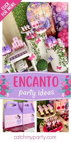 a collage of photos with pink and purple decorations on it, including an encanto party idea