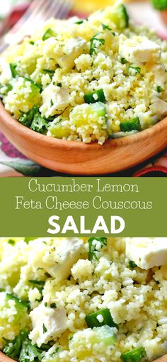 a bowl filled with cucumber lemon and feta cheese couscous salad