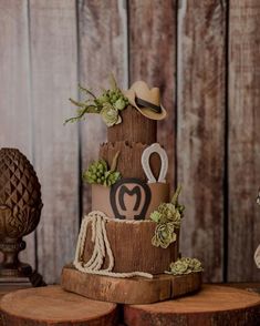 a three tiered cake decorated with succulents and other decorations on top of wooden slices